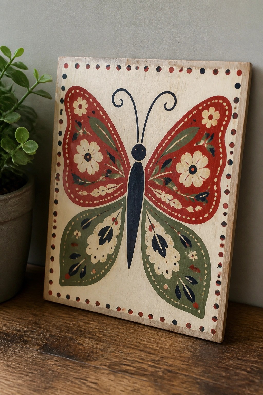 Wooden butterfly plaque with red and green floral wings and dotted border