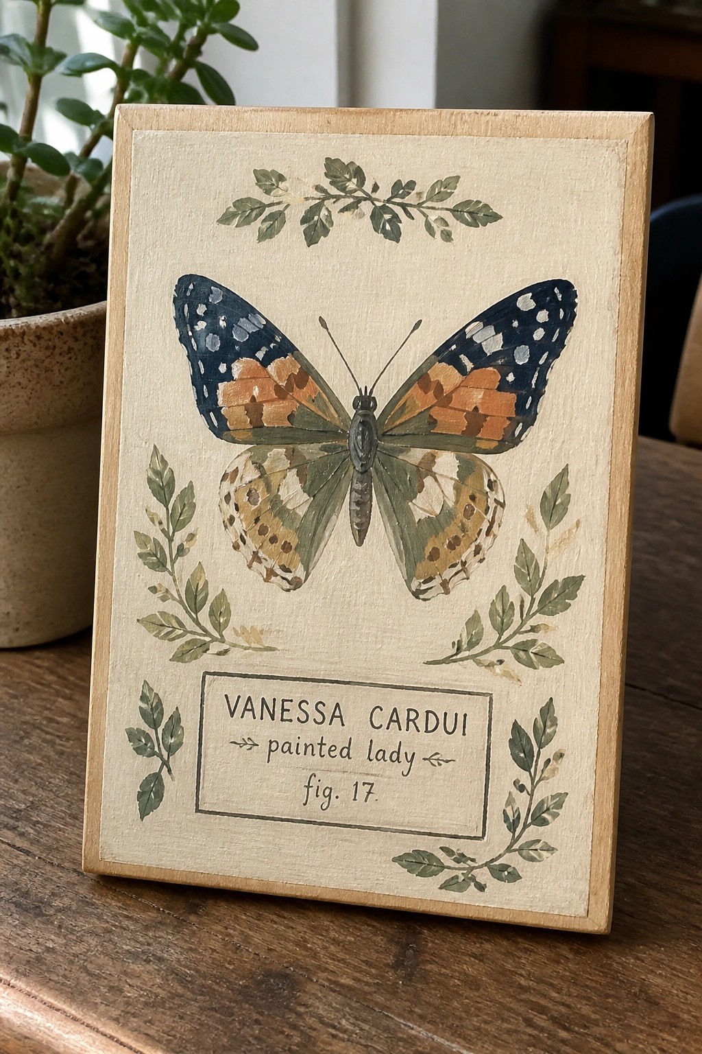 Framed hand-painted butterfly artwork with blue-orange wings, green leaves, and labeled text.