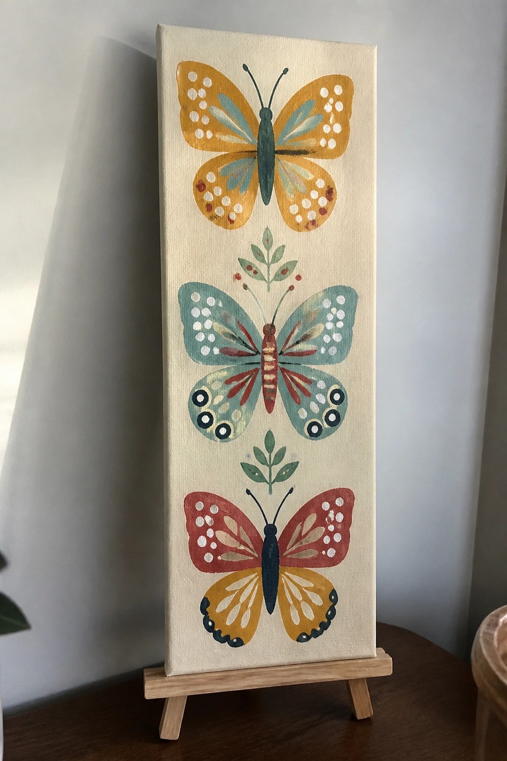 Narrow canvas on easel with three stacked colorful butterfly paintings.