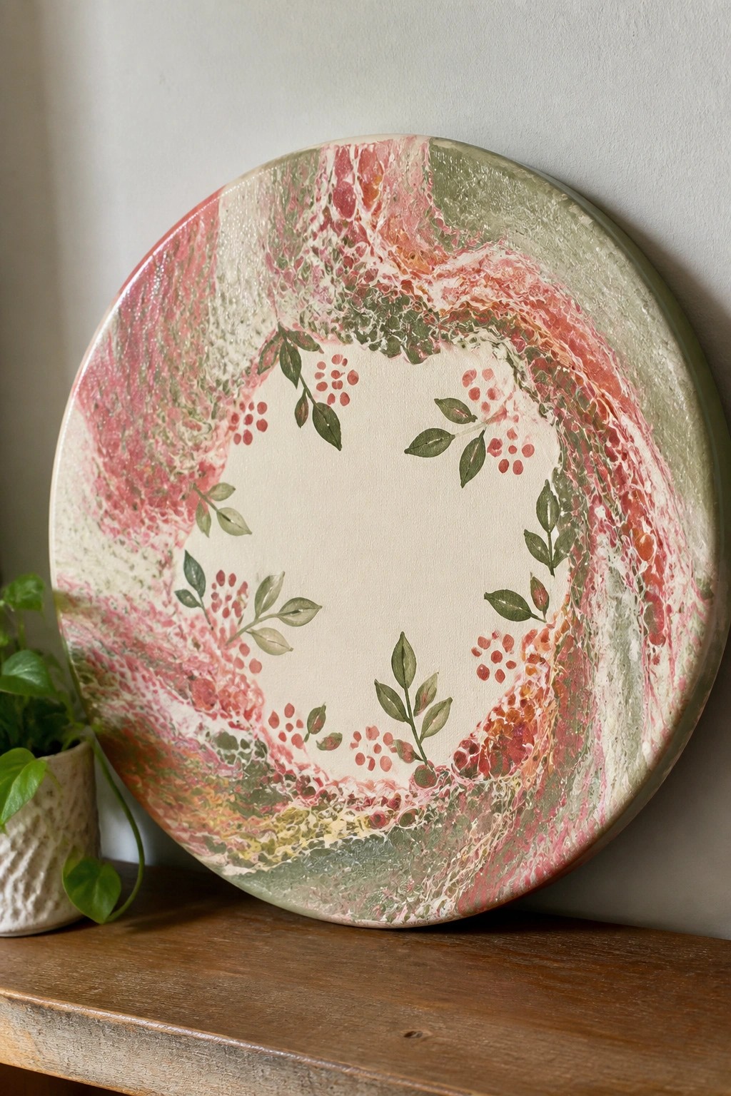 Round canvas with pink-green marbling and central wreath of leaves and berries