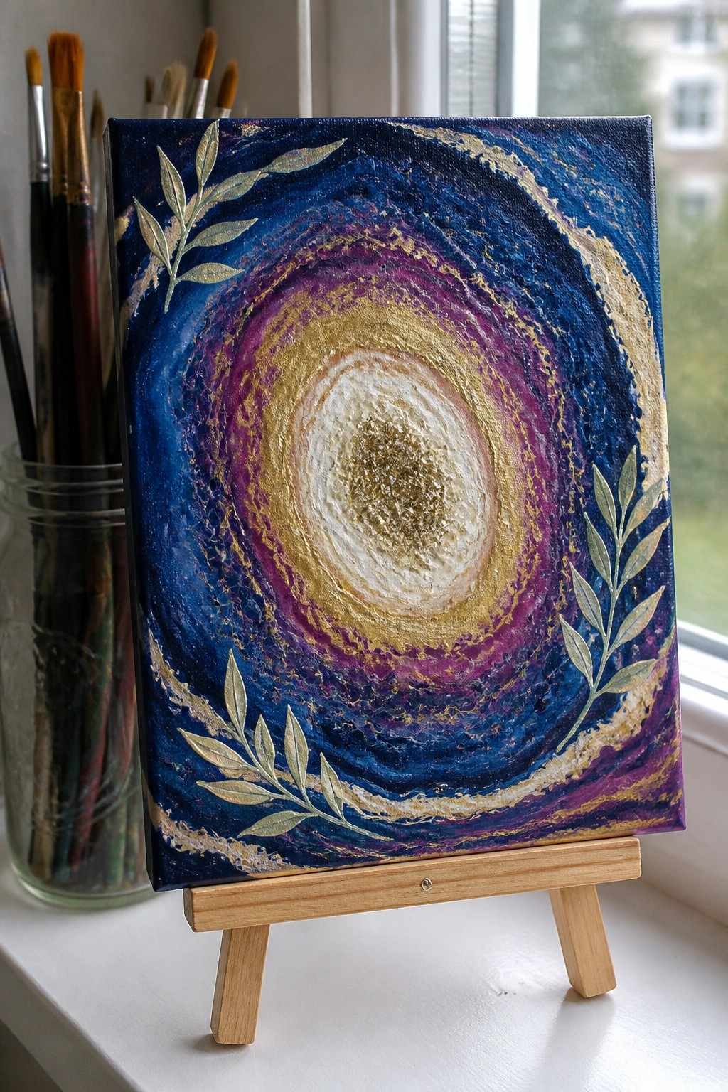Swirling blue-purple galaxy painting with gold leaf branches on wooden easel