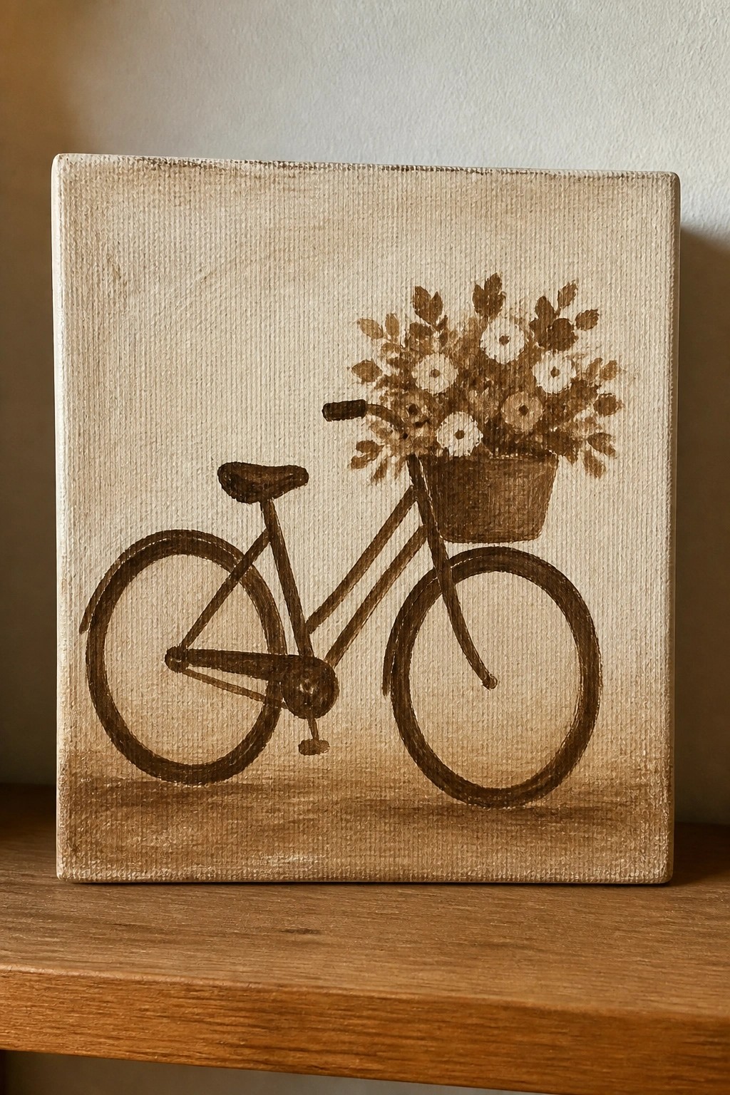 Rustic brown bicycle painting with flower basket on wooden canvas