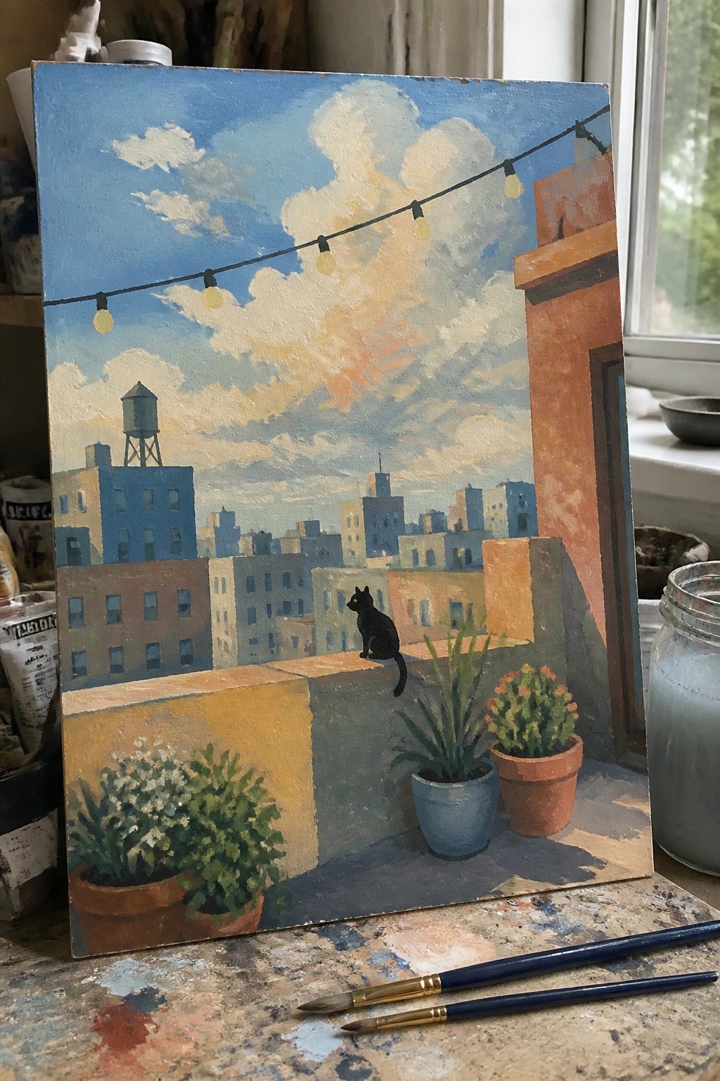Painting of black cat on city rooftop ledge with potted plants and string lights
