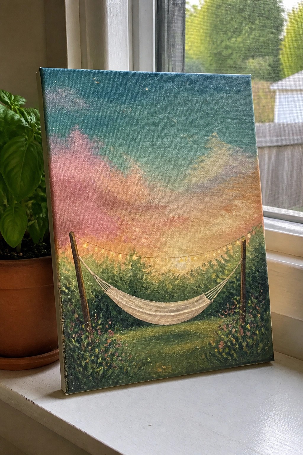 Small canvas painting of hammock with string lights at sunset beside potted basil plant on windowsill.