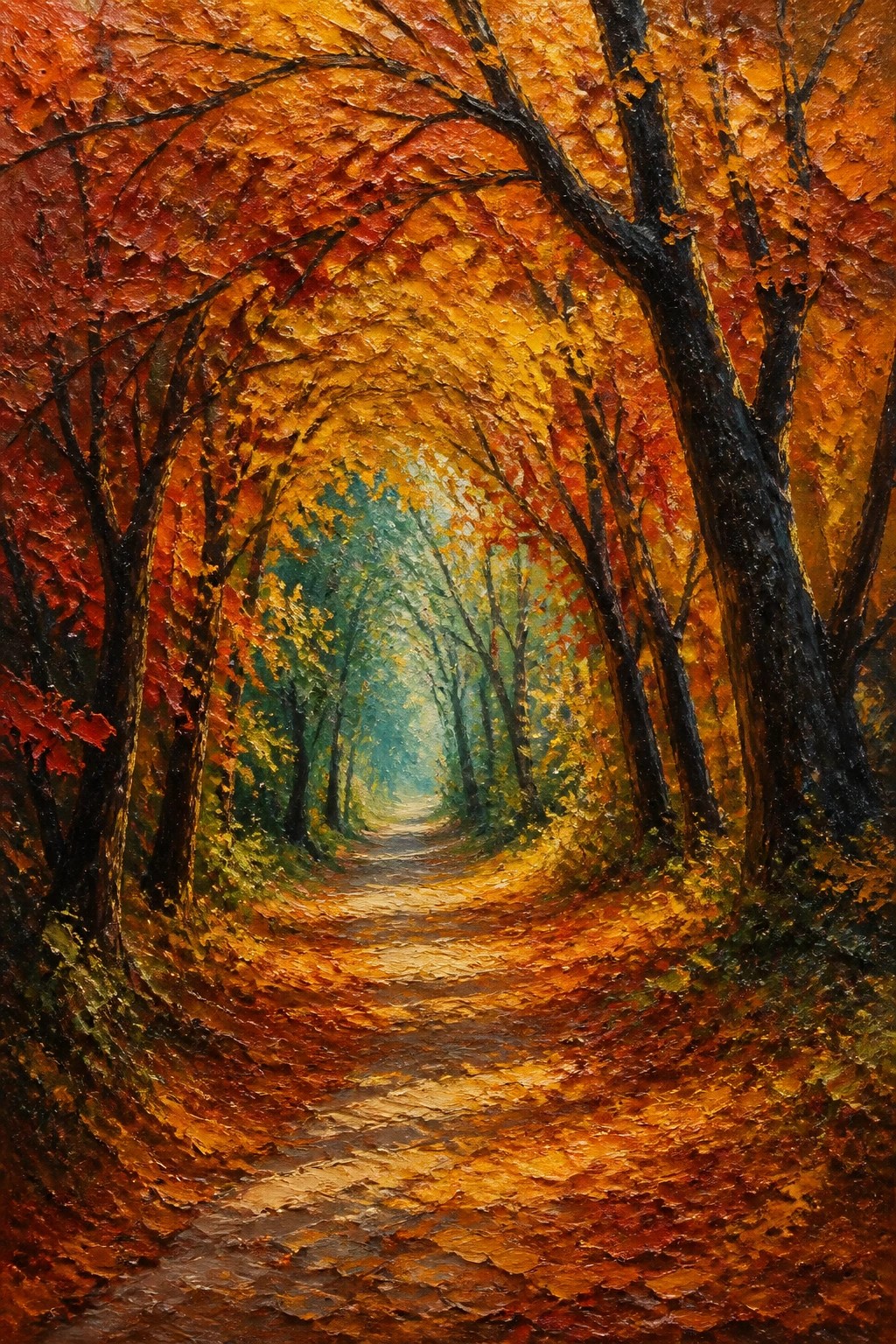 Autumn forest path under arching branches of vibrant orange and red leaves in oil painting.