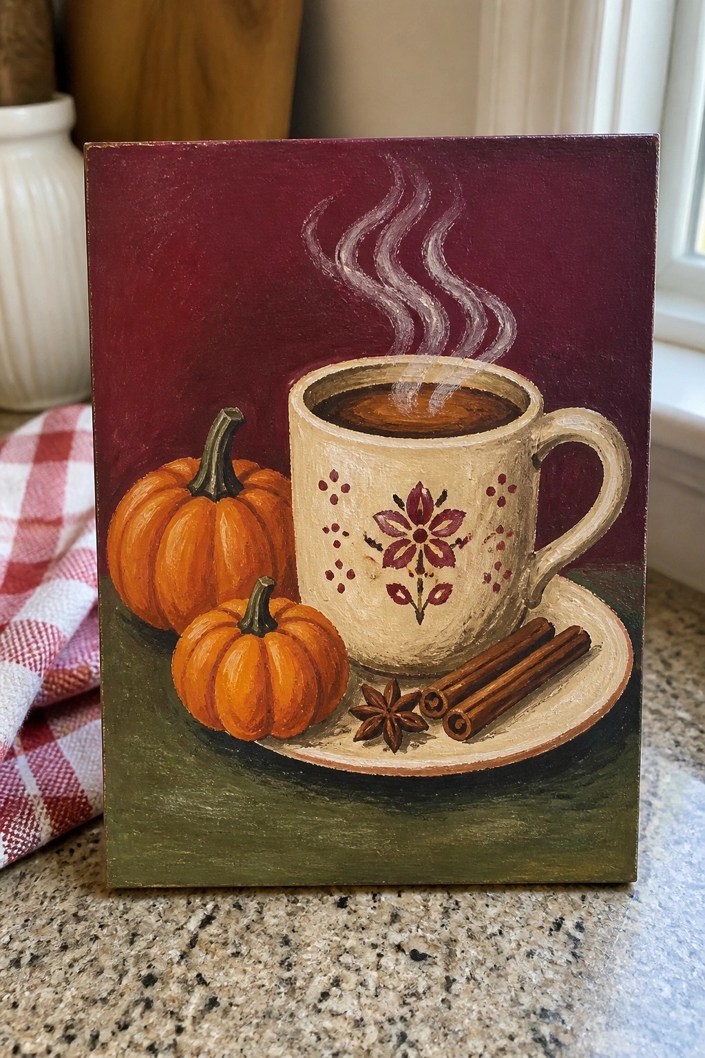 Hand-painted autumn scene with steaming floral mug, pumpkins, cinnamon sticks, and star anise