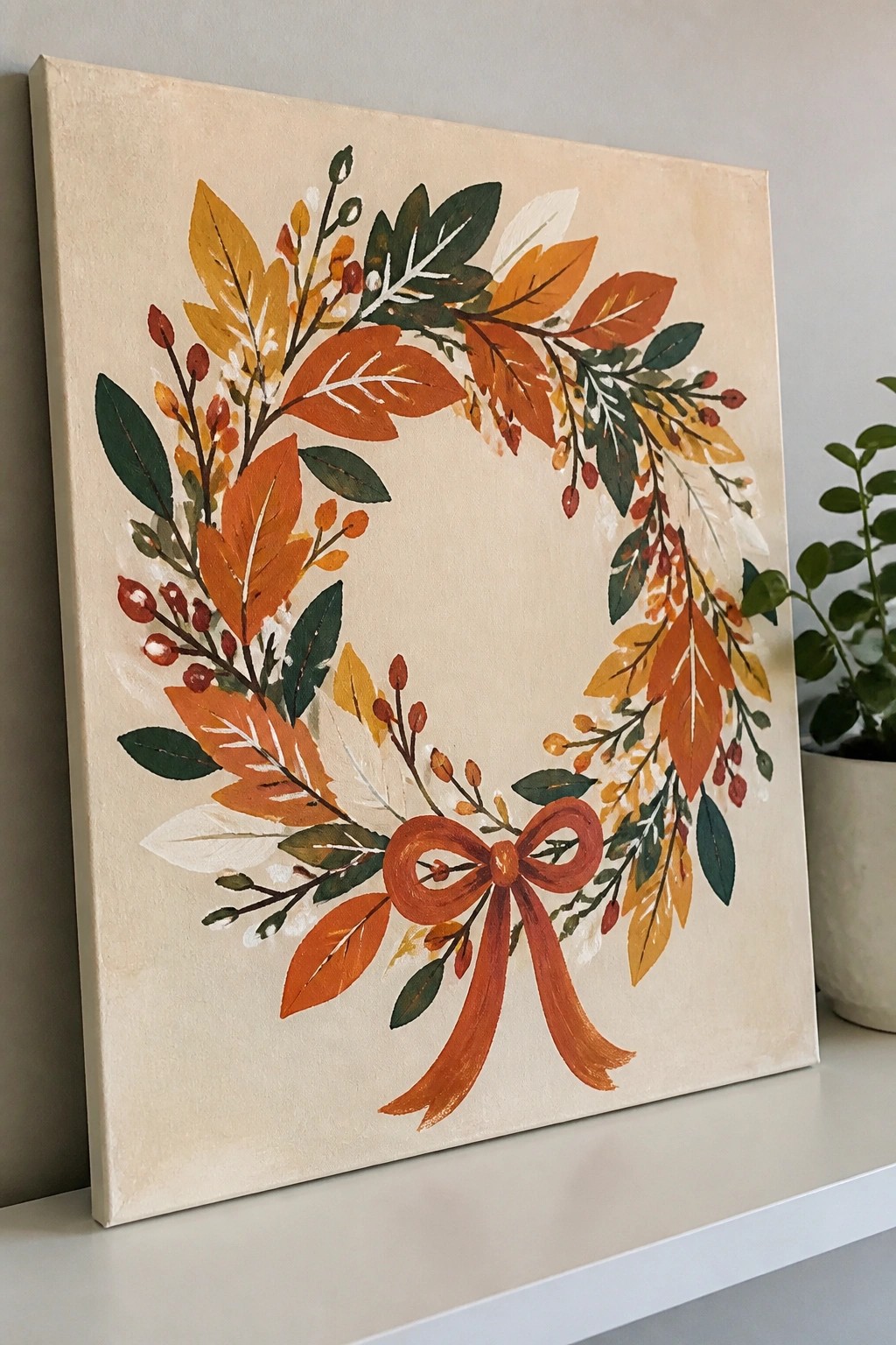 Autumn wreath painting with colorful leaves and orange bow on canvas shelf