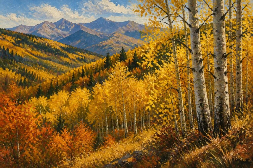 19 Creative Acrylic Fall Canvas Painting Ideas That Capture Peak Autumn Color Golden aspen trees with yellow leaves frame a vibrant autumn mountain landscape.