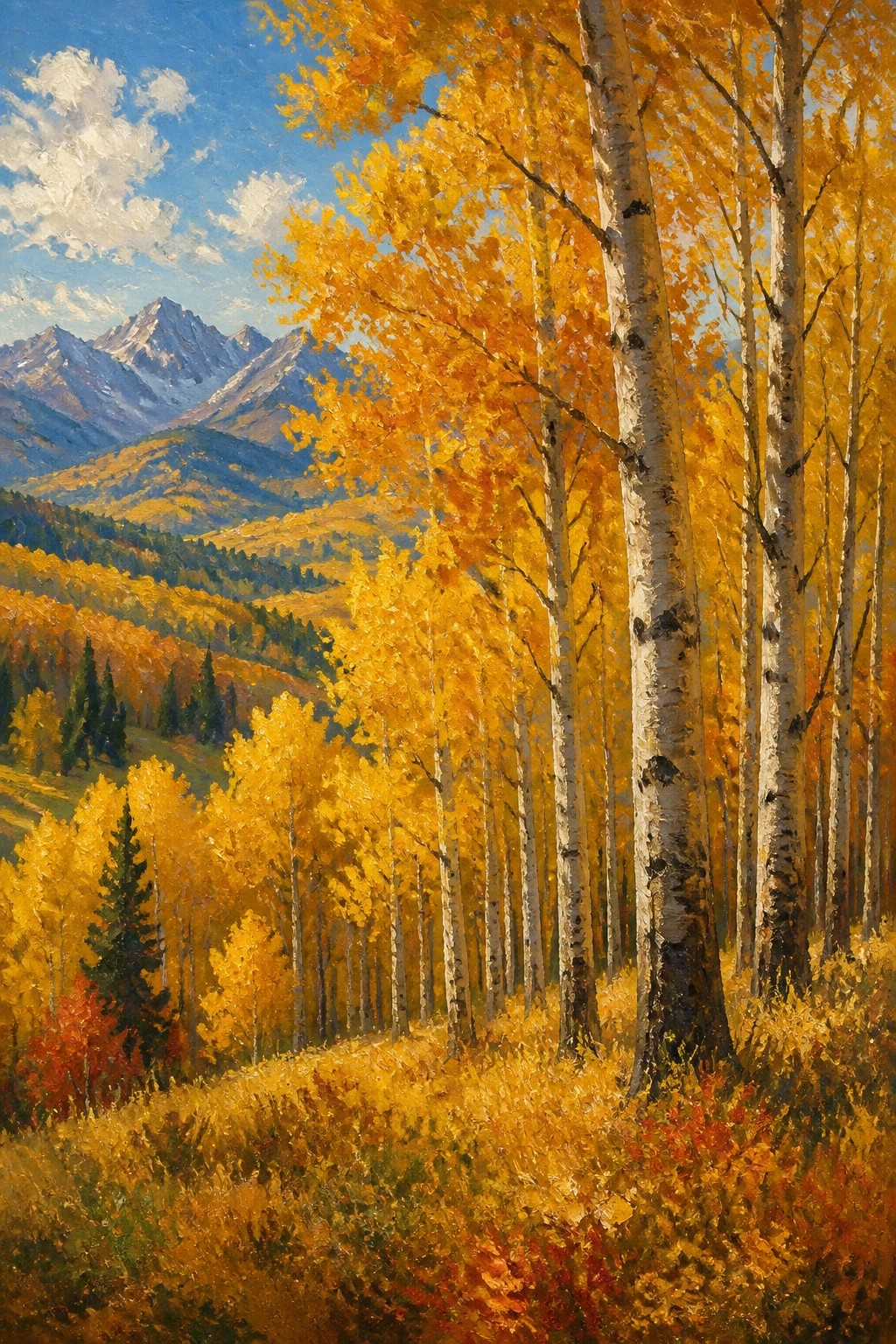 Golden aspen trees with yellow leaves frame a vibrant autumn mountain landscape.