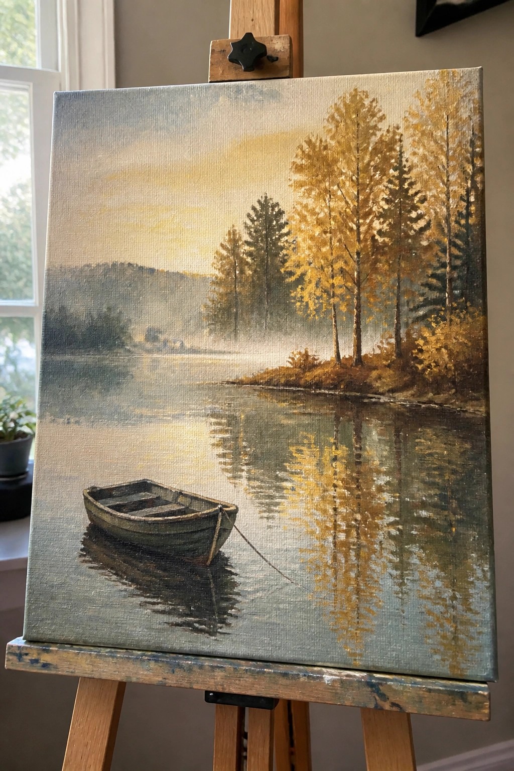Painting on easel of rowboat on misty lake with golden autumn trees.