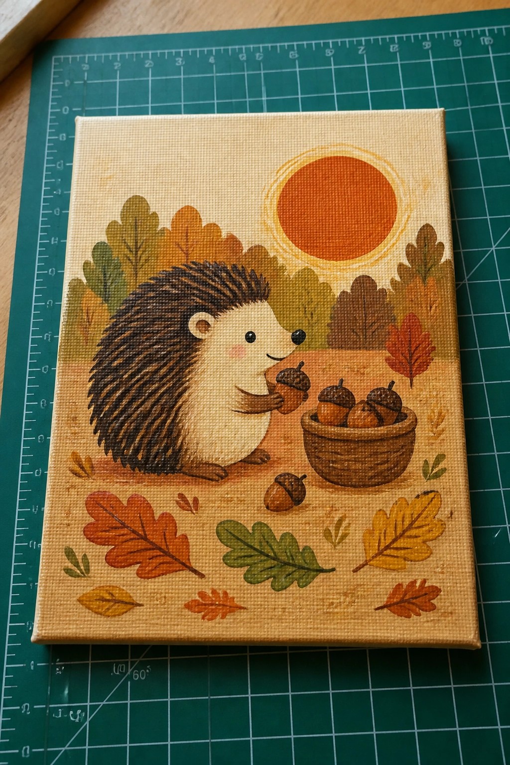 Cute hedgehog painting holding acorn near basket, amid colorful autumn leaves and sun.