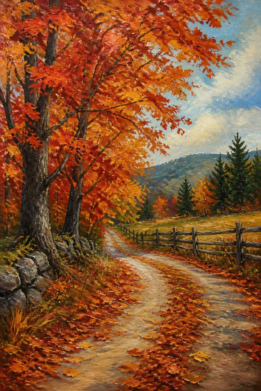 An acrylic painting of a leaf-covered dirt path curving through tall trees with bright red and orange foliage, a wooden fence on the right, and hills in the background.