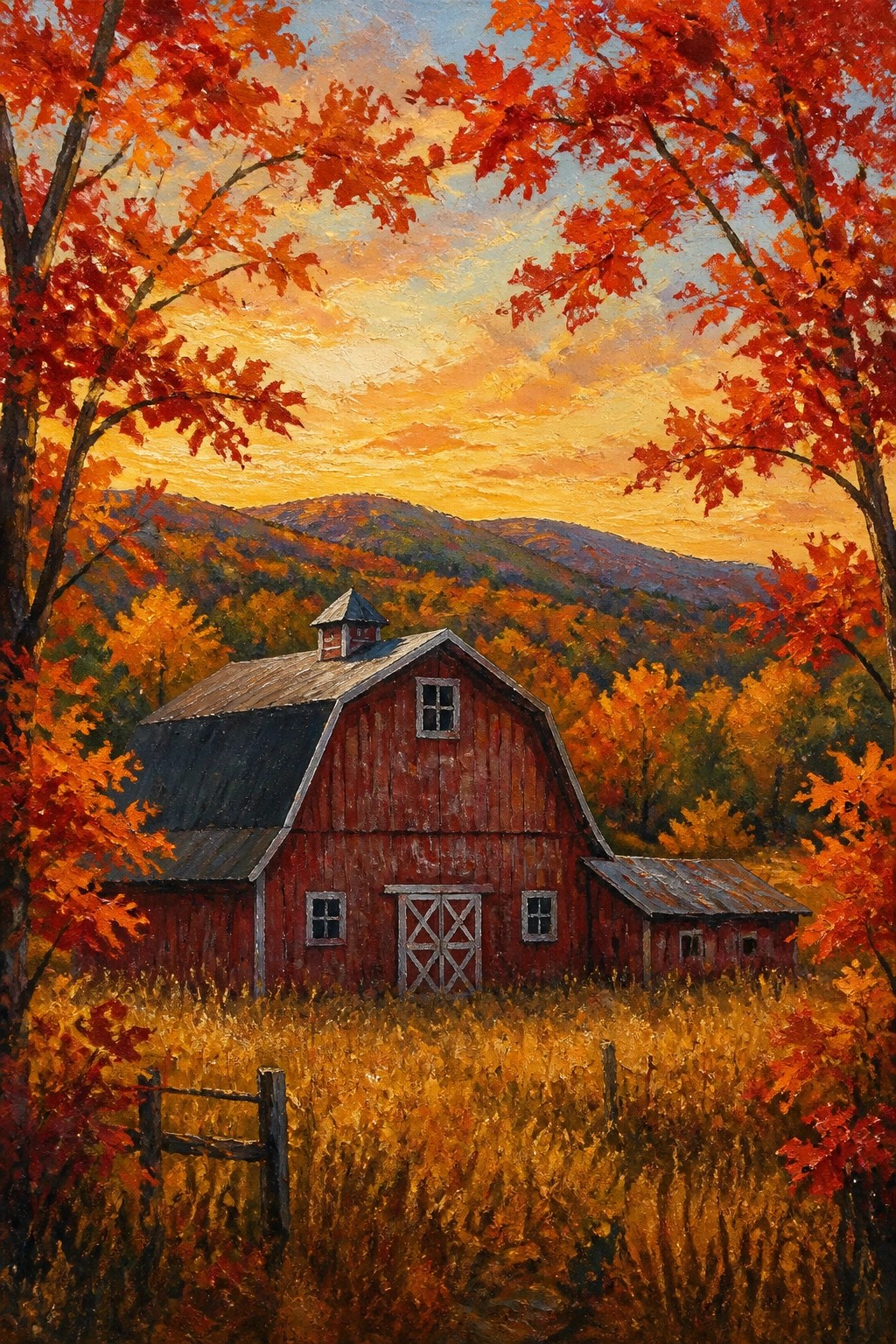 Red barn in golden field amid vibrant autumn trees and distant mountains