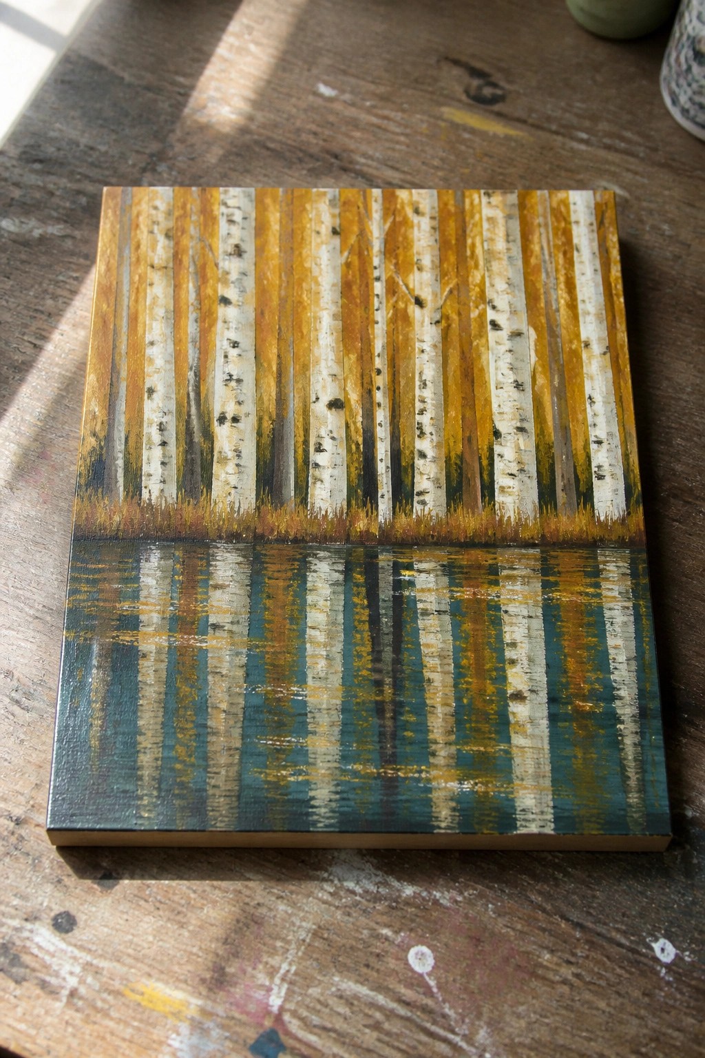 Painting of autumn birch trees reflected in blue-green water on wooden table