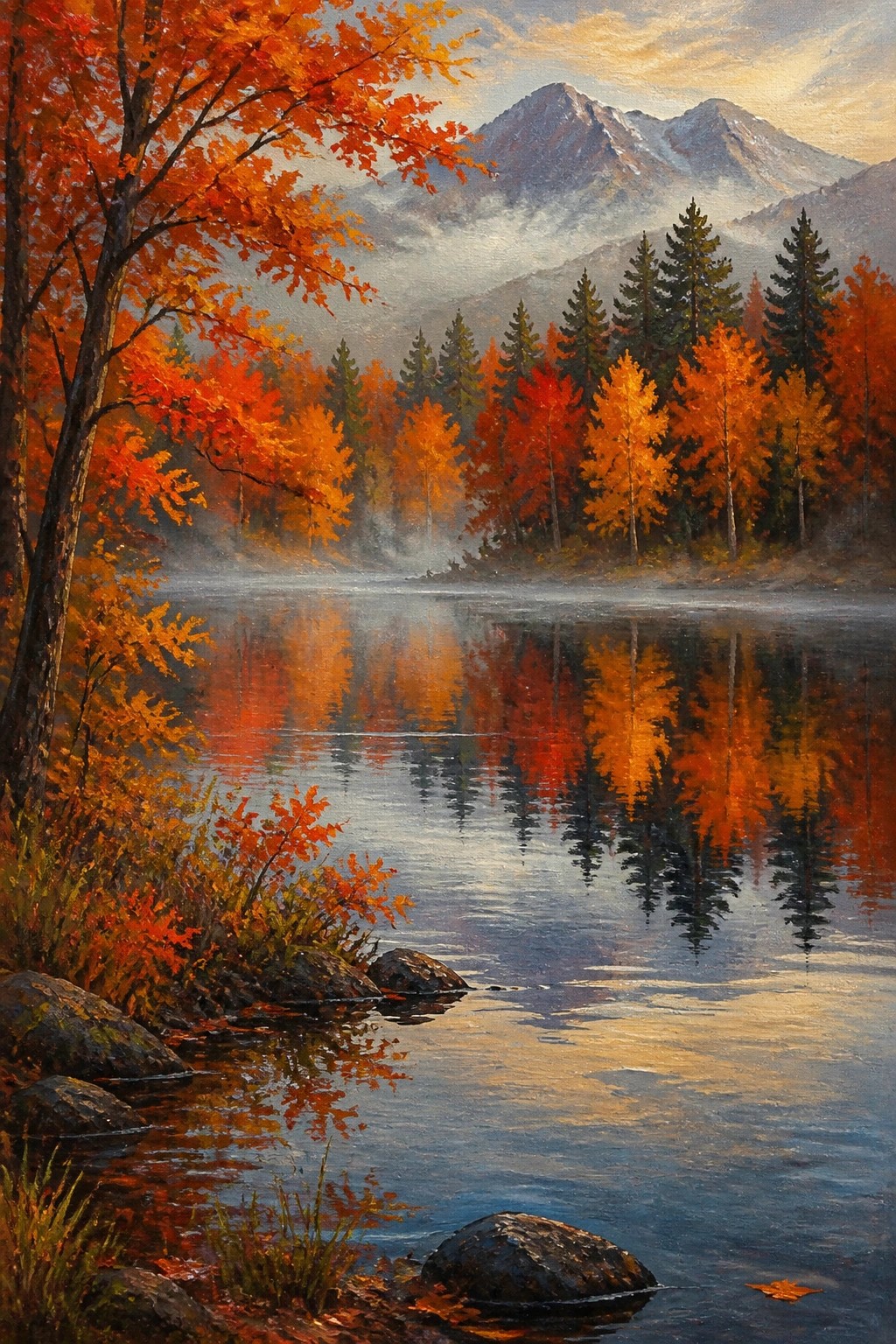 An acrylic painting of a calm lake reflecting orange and red autumn trees with misty mountains in the background.