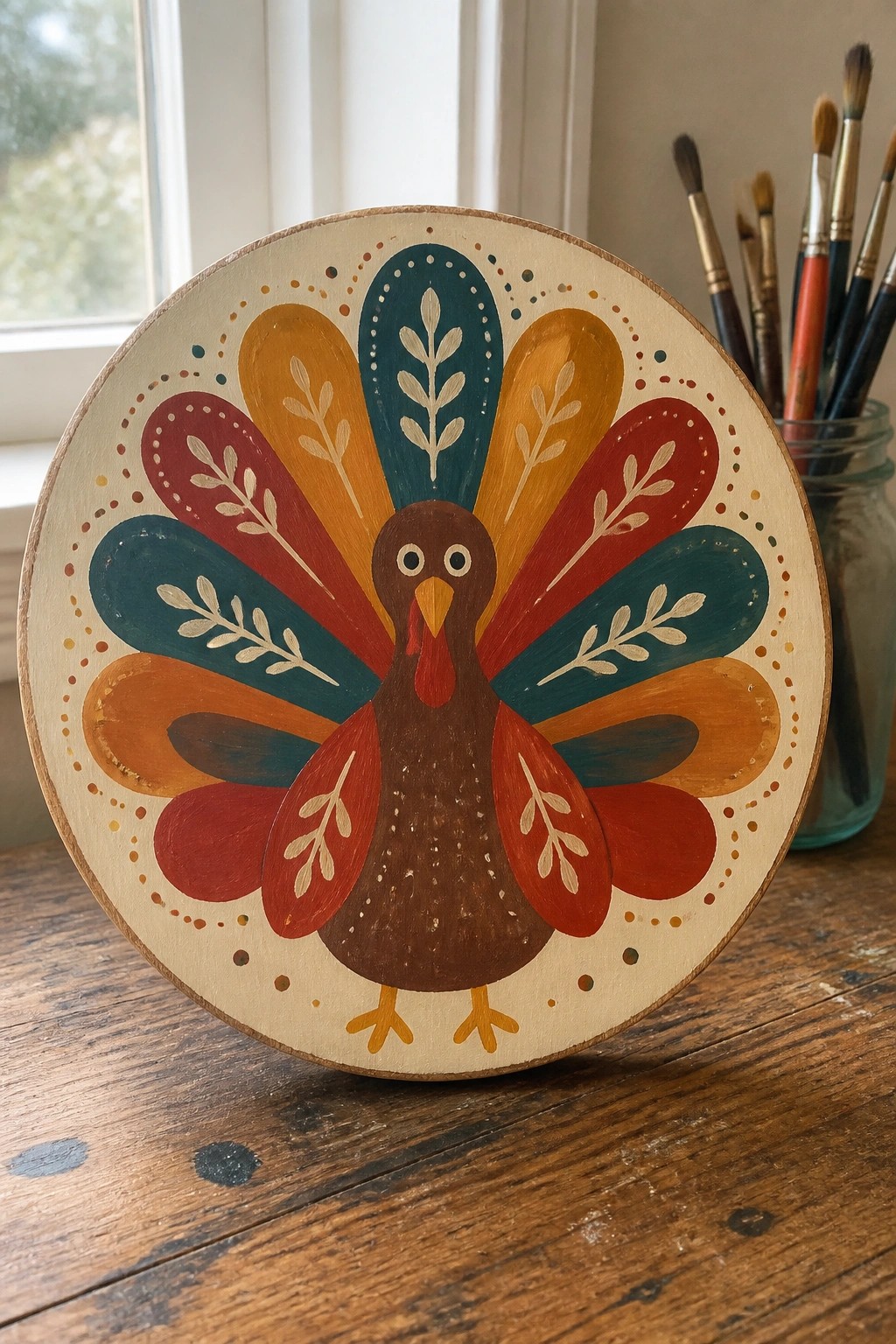 Vibrant hand-painted turkey on round wooden plaque with colorful feather patterns