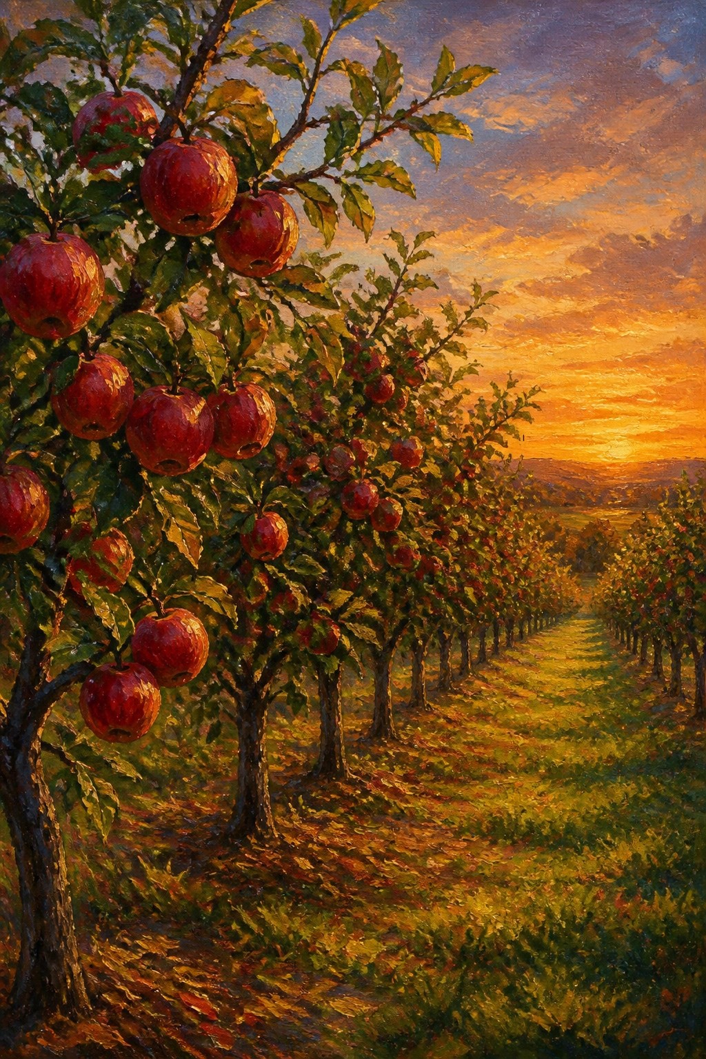 Sunset over rows of apple trees laden with ripe red apples in an orchard
