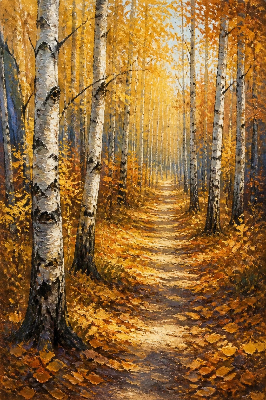 Golden autumn path winding through sunlit birch forest with fallen leaves