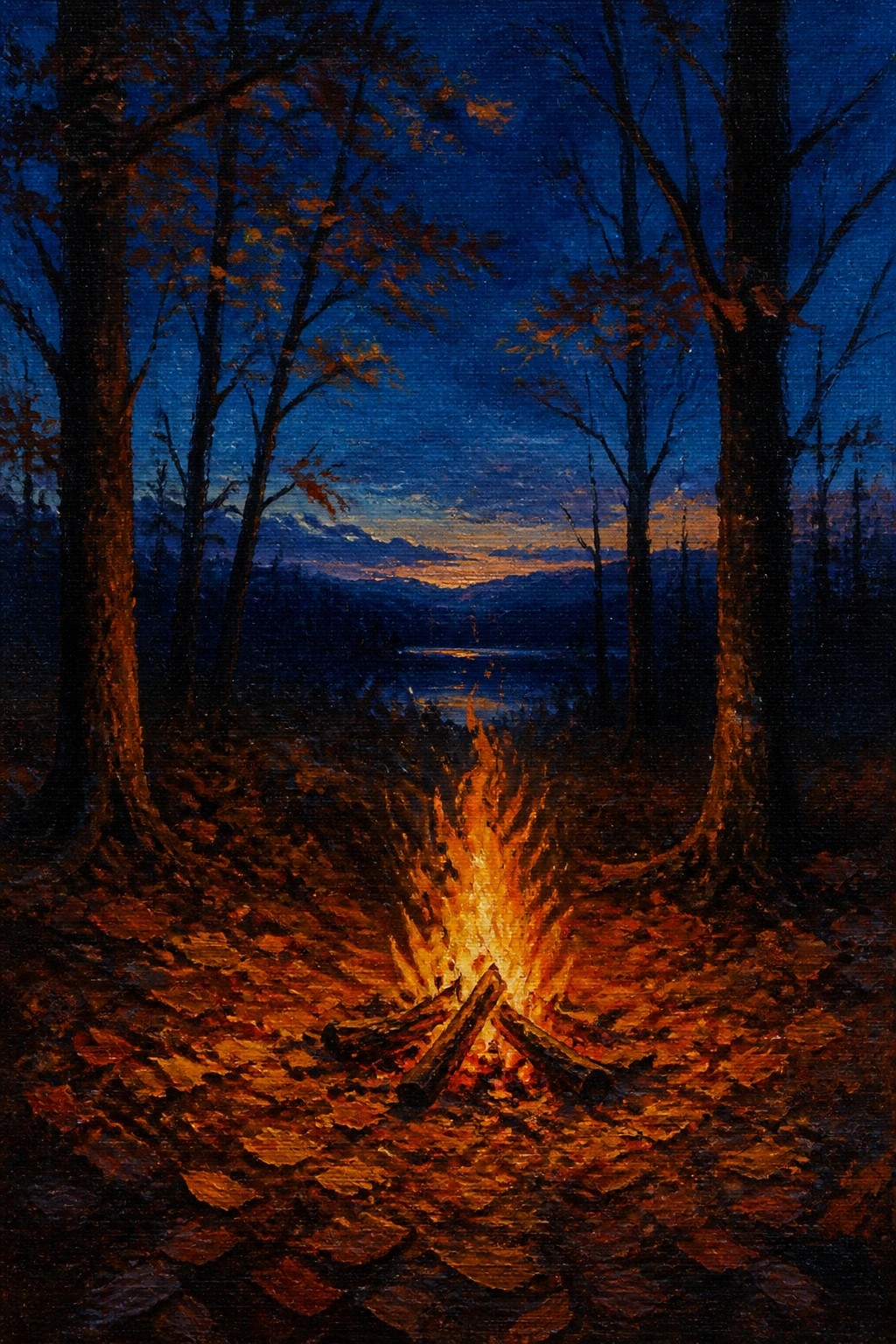 An acrylic painting of a campfire burning among fallen leaves in a forest at dusk with tall trees, a distant lake, and a fading sunset sky.