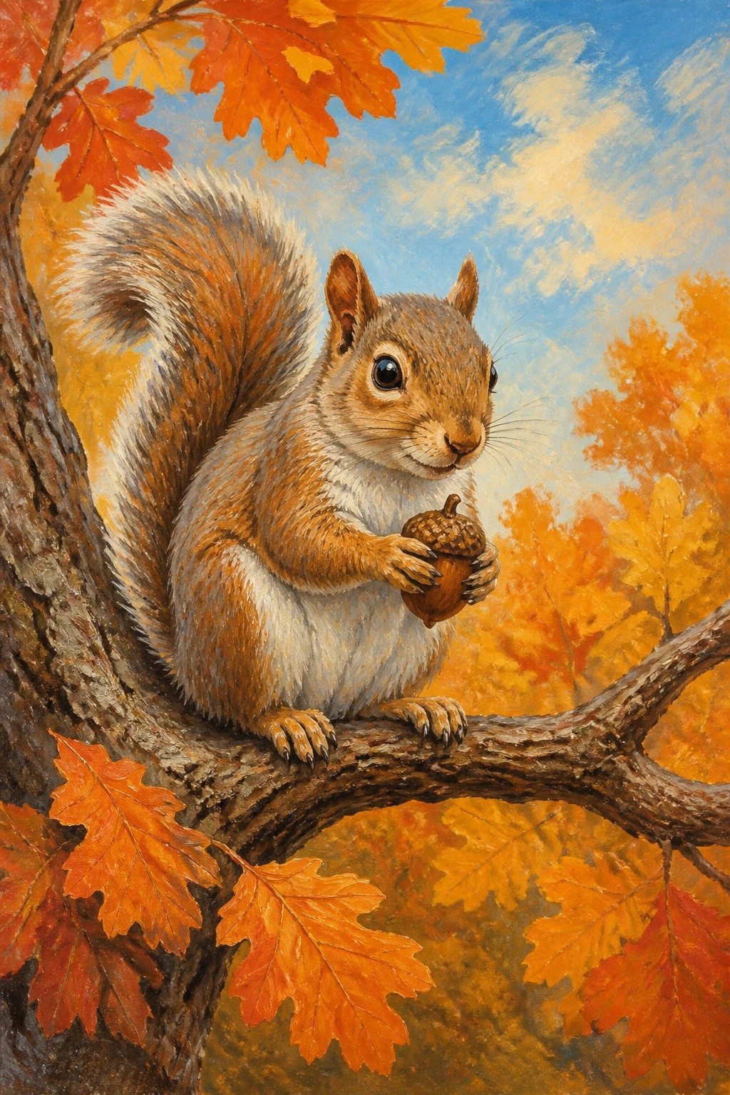 Squirrel holding acorn on branch amid vibrant orange autumn leaves and blue sky