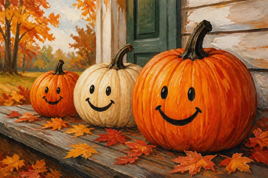 Three smiling pumpkins amid autumn leaves on a wooden porch