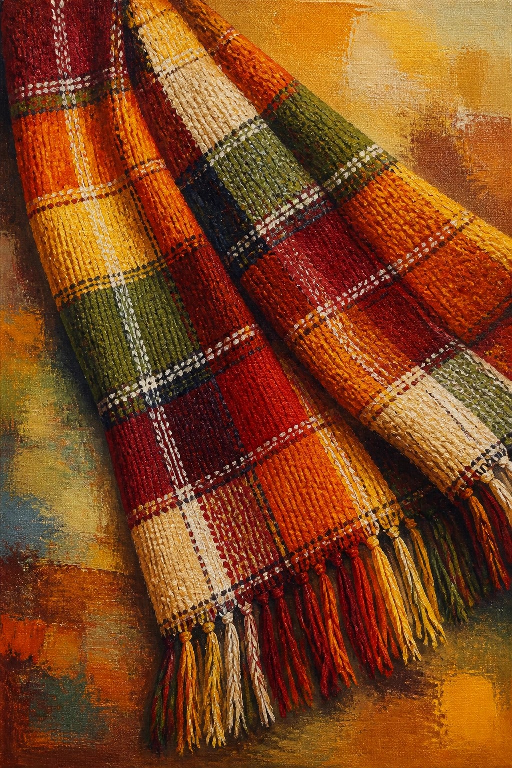 Vibrant plaid woven blanket with tassel fringe in autumn colors