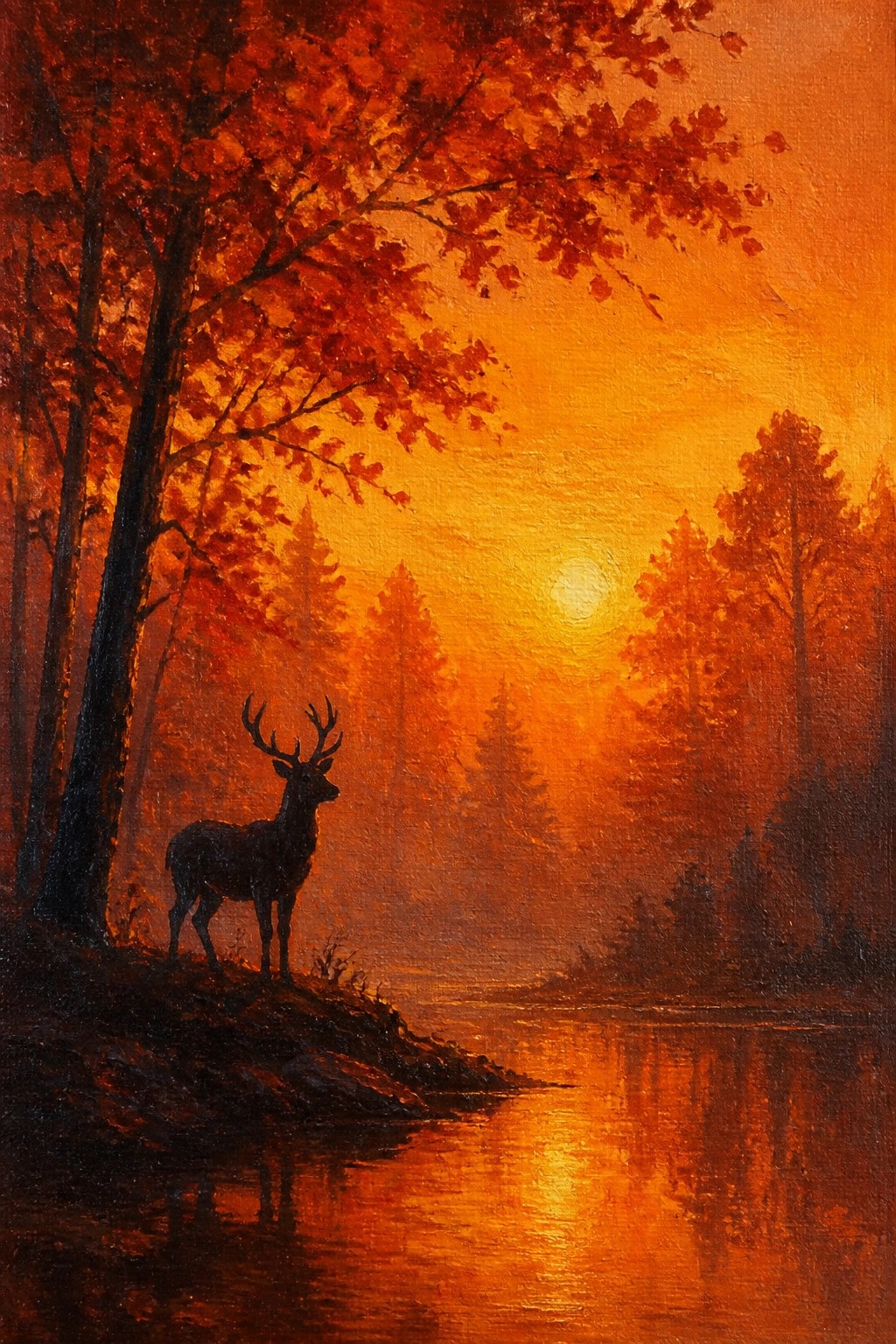 Silhouetted stag with antlers stands by misty river under vibrant orange autumn sunset.
