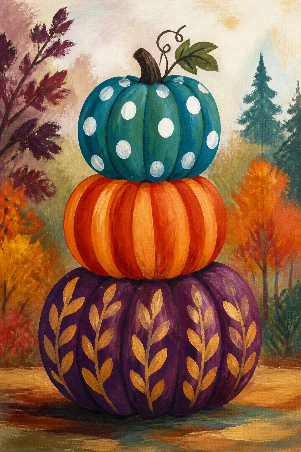 Acrylic painting of three stacked pumpkins with patterns against an autumn background.