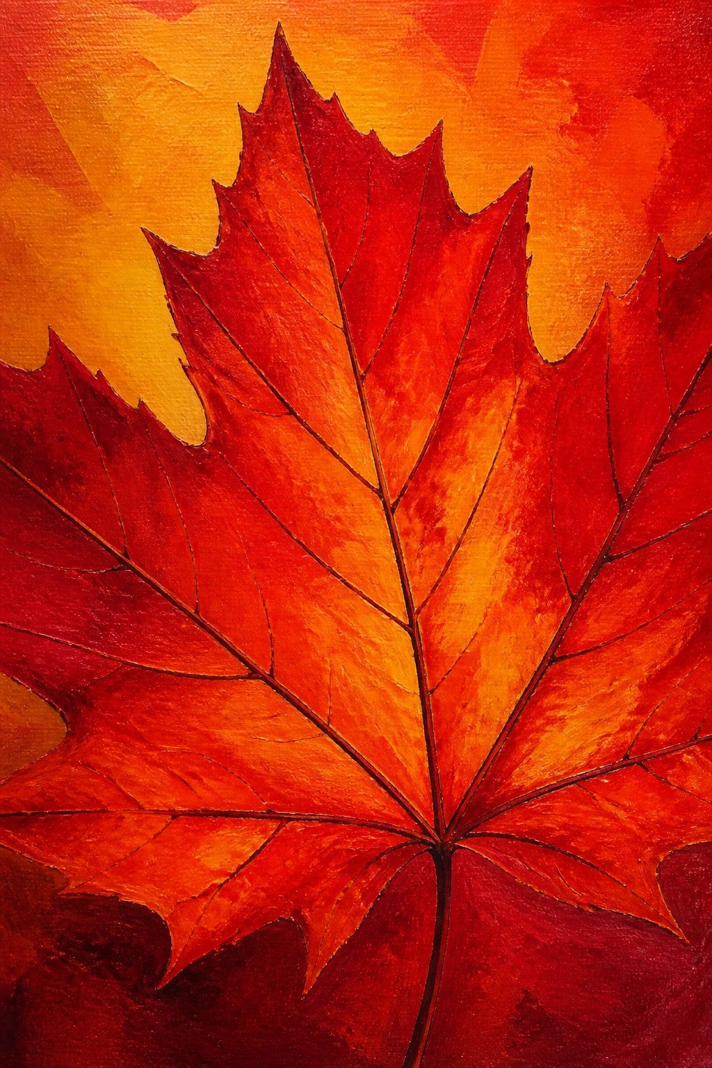 Vibrant red-orange maple leaf with detailed veins on warm abstract background.