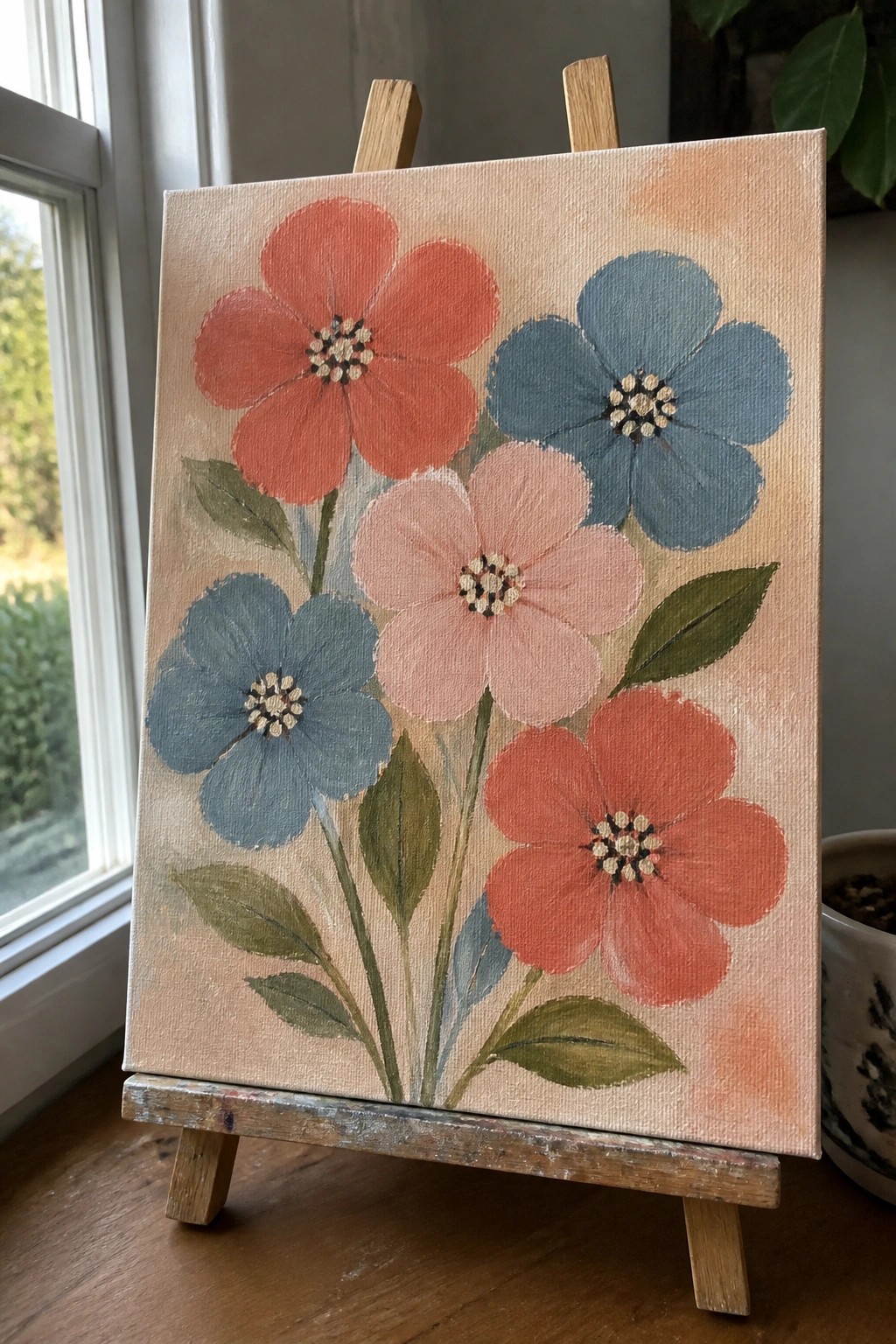 Colorful painting of red, blue, and pink flowers with green leaves on wooden easel.
