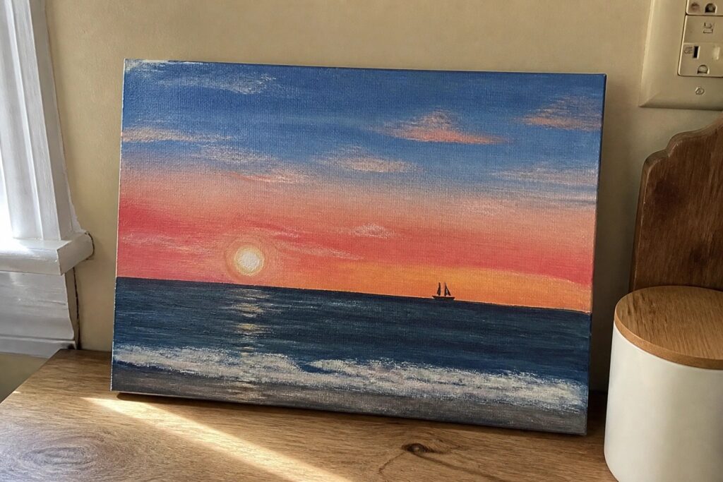 Seascape painting of sailboat on ocean under vibrant orange-pink sunset sky with waves