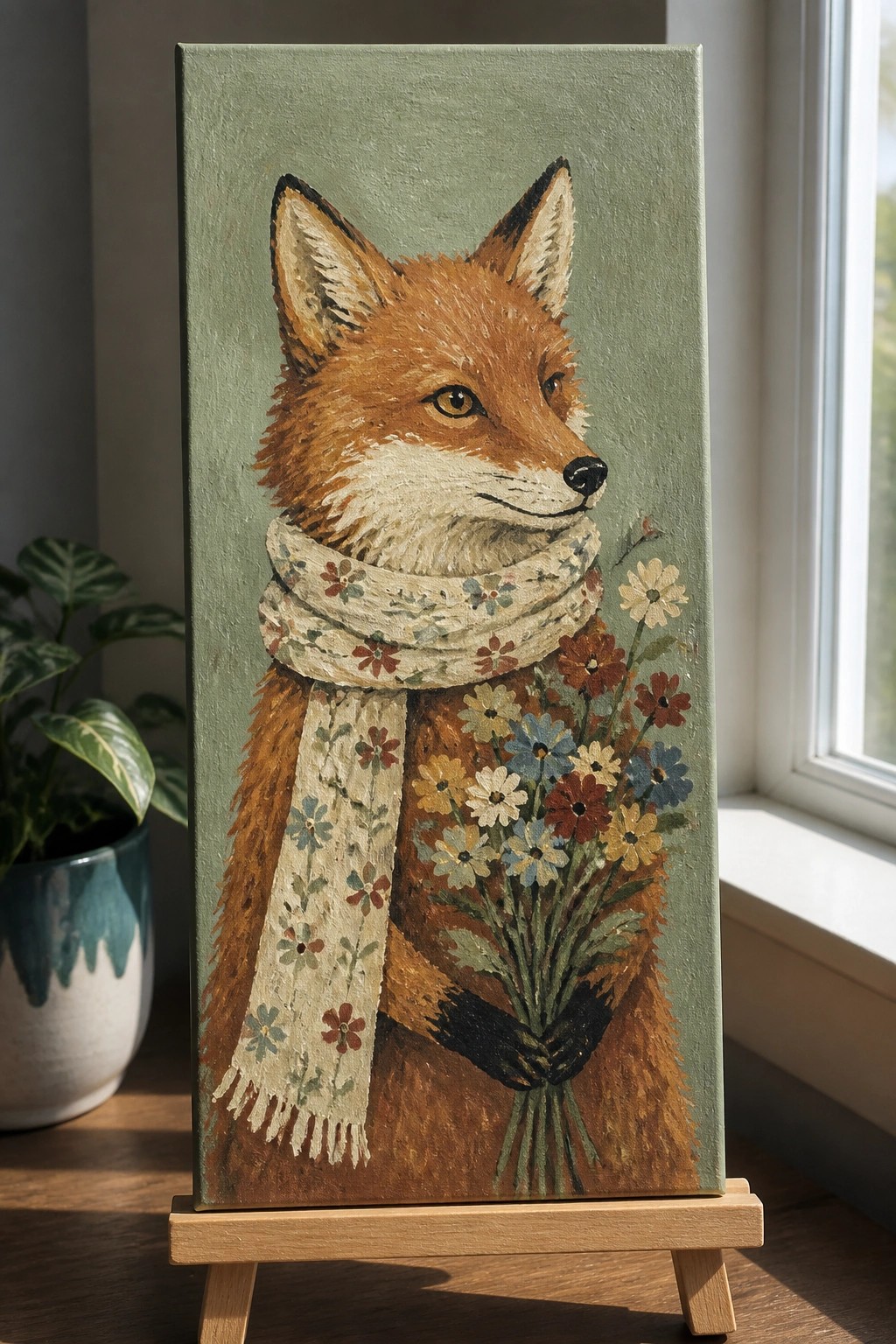Painted fox in floral scarf holds wildflower bouquet on wooden easel by window