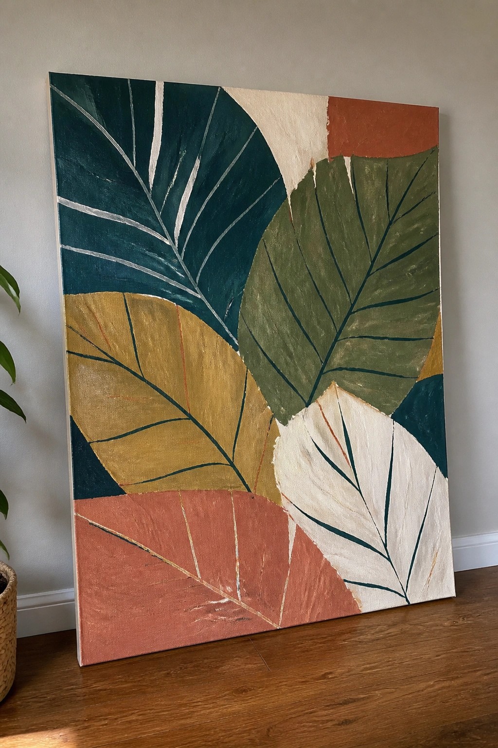 Colorful abstract painting of overlapping tropical leaves in teal, green, yellow, and terracotta.