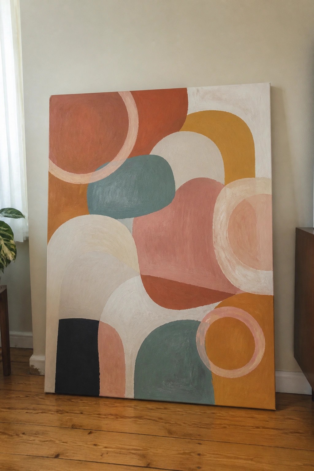 Abstract painting with overlapping circles in orange, teal, pink, and yellow leaning on wall
