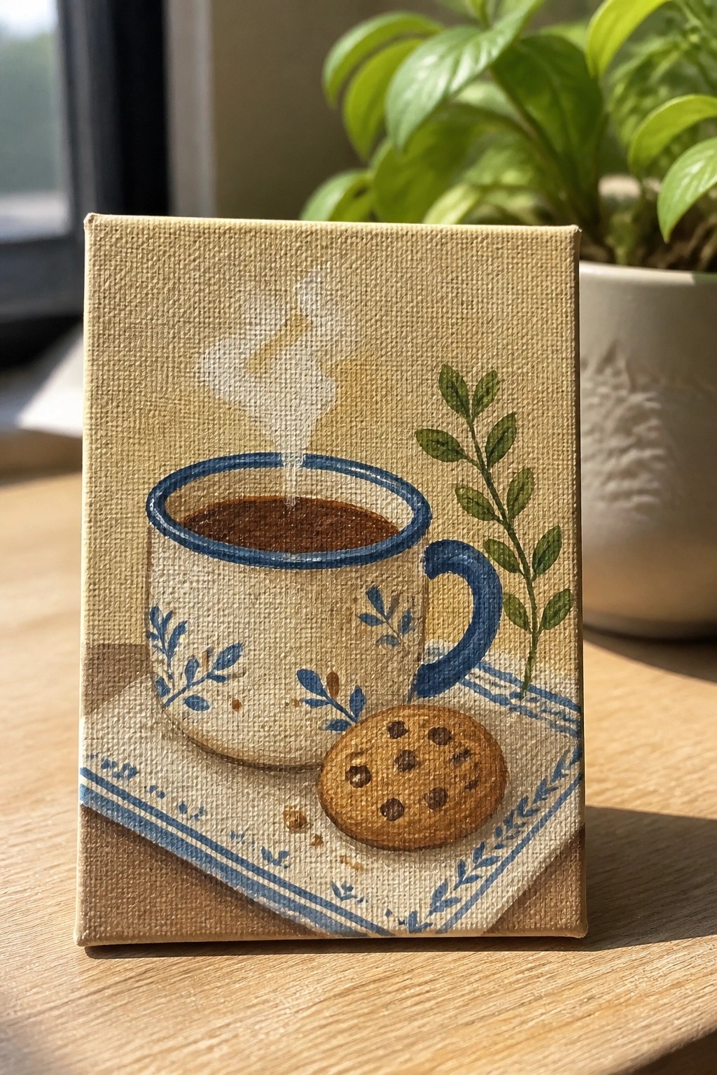 Miniature painting of steaming blue-rimmed coffee mug with cookie on patterned cloth.