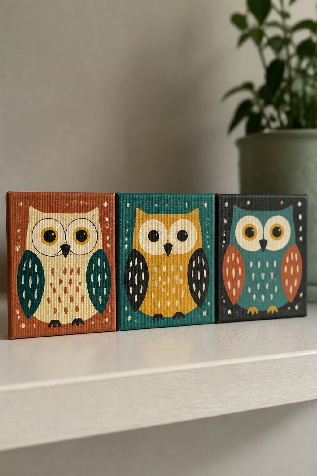 Three colorful stylized owl paintings on small canvases lined up on a white shelf
