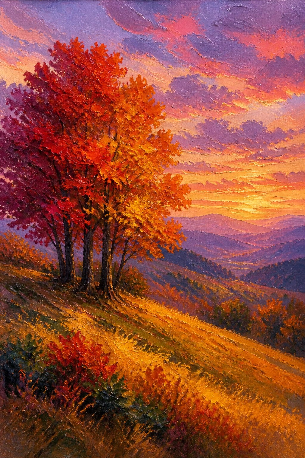 Acrylic painting of red and orange autumn trees on a grassy hill with a purple and pink sunset sky over layered mountains.