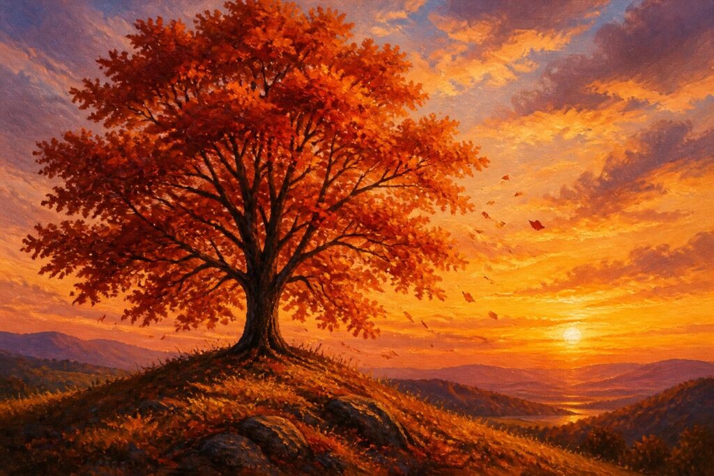 Vivid oil painting of a large oak tree with fiery autumn leaves at sunset.
