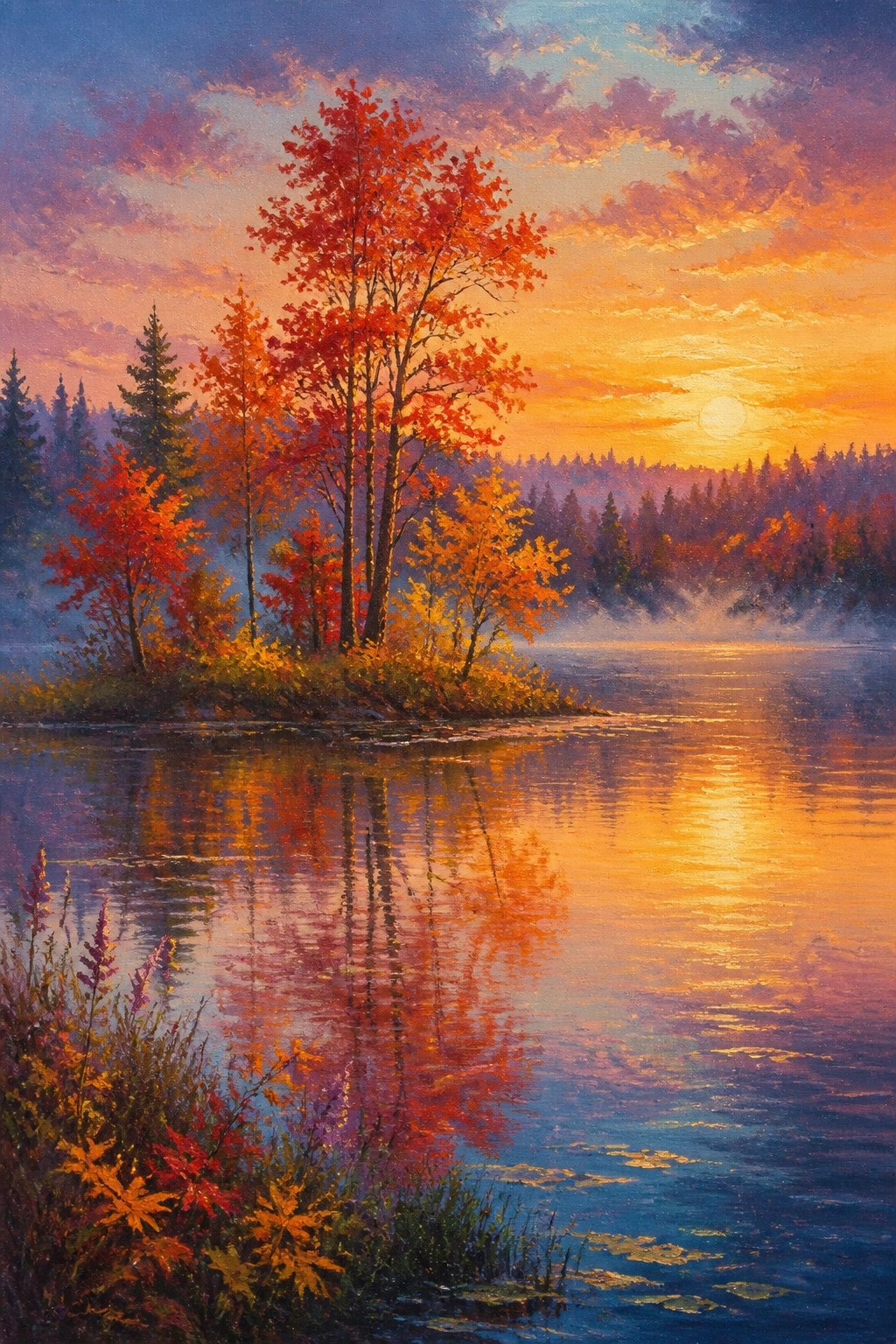 Autumn trees with red leaves reflect in a misty golden sunset lake