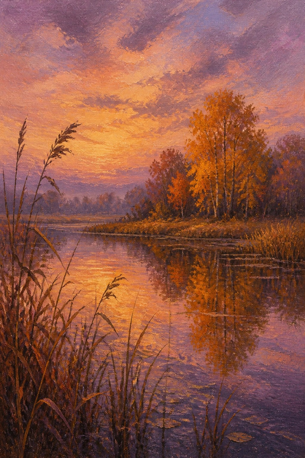 A painting of a calm river at sunset with orange autumn trees reflected in the water and tall reeds in the foreground.