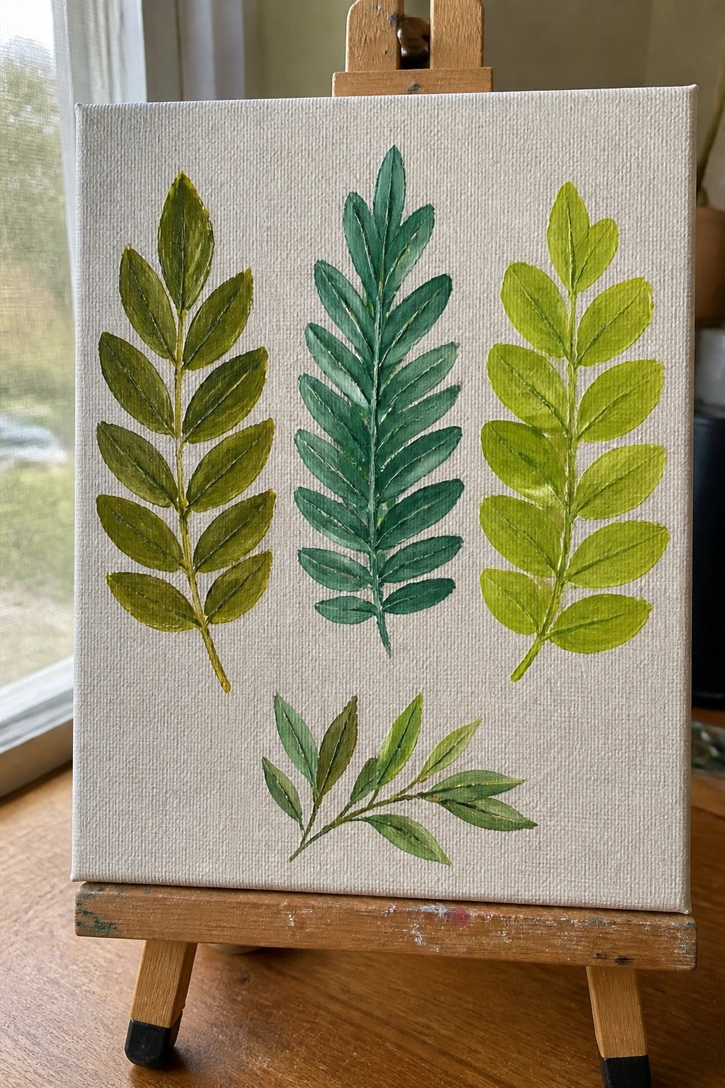 Canvas on wooden easel with paintings of green leaves in various shades