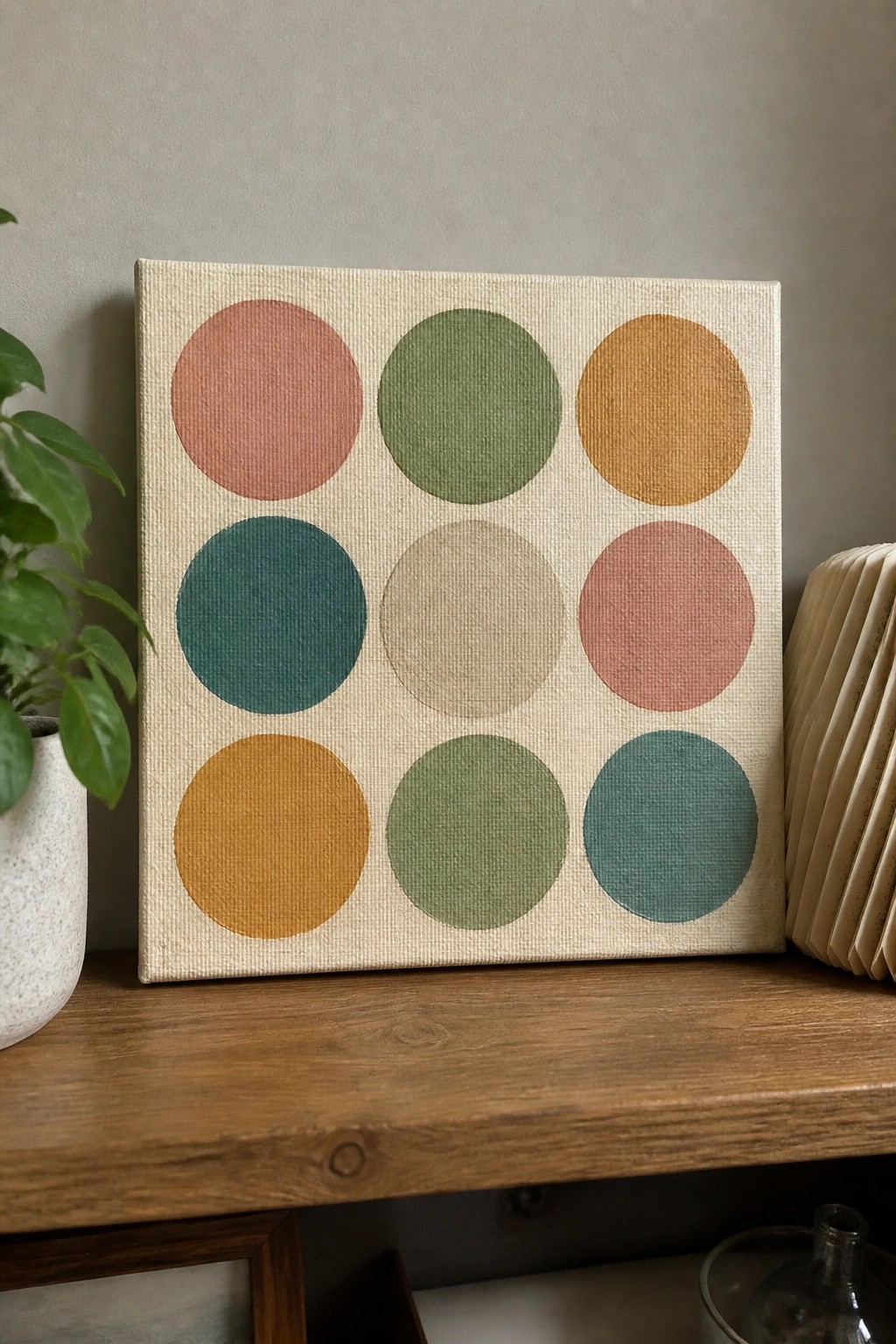 Abstract canvas with nine colorful circles in a grid on wooden surface