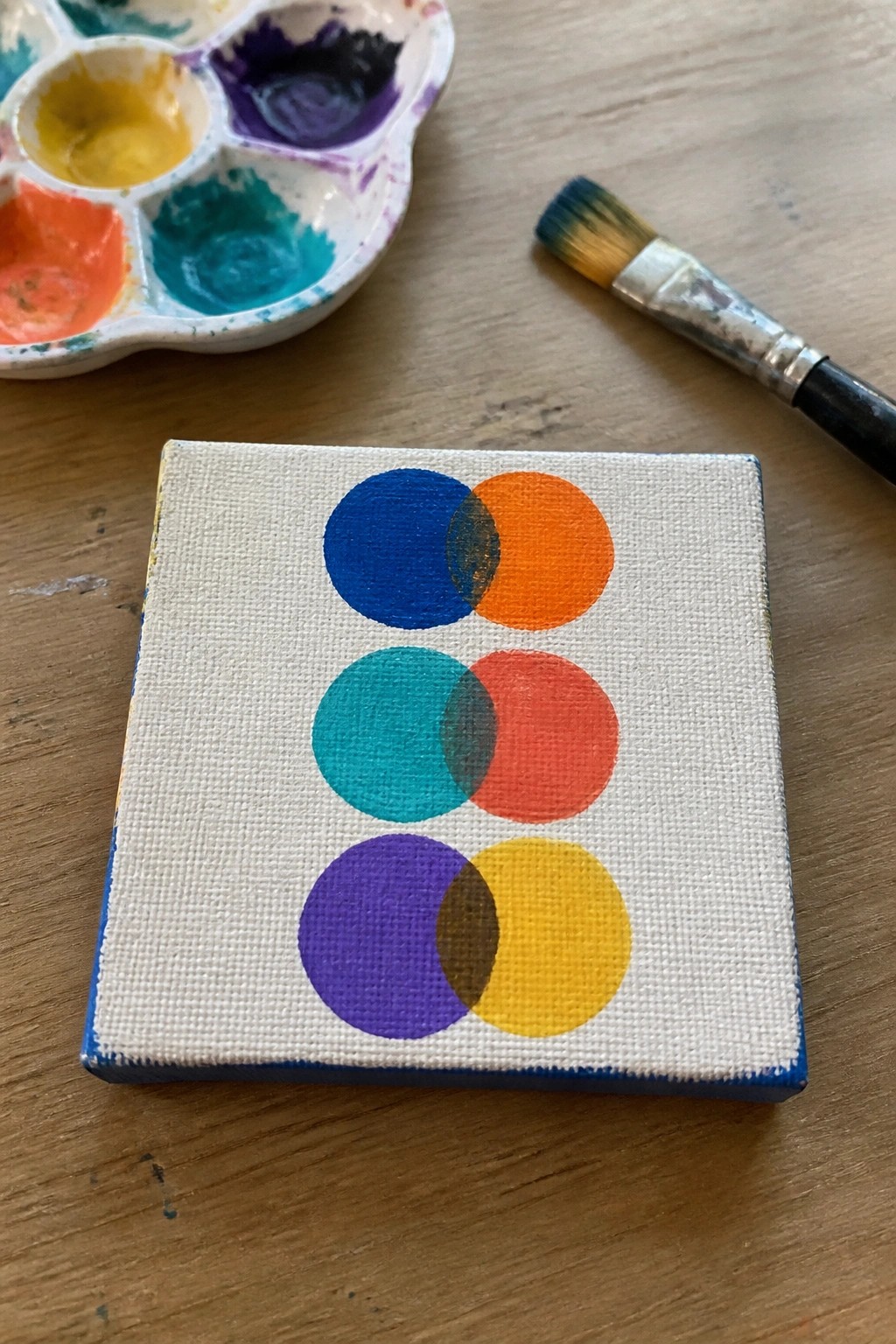 Small canvas with overlapping blue, orange, teal, red, purple, yellow circles beside palette and brush.