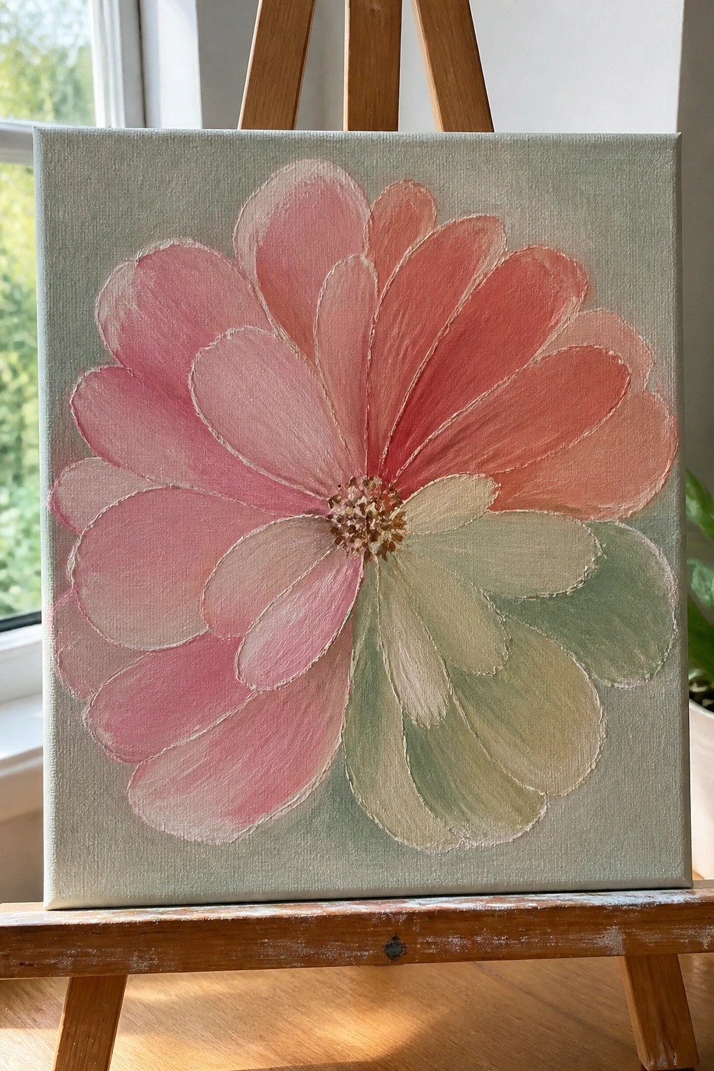 Pink and coral flower painting on canvas atop wooden easel by window.