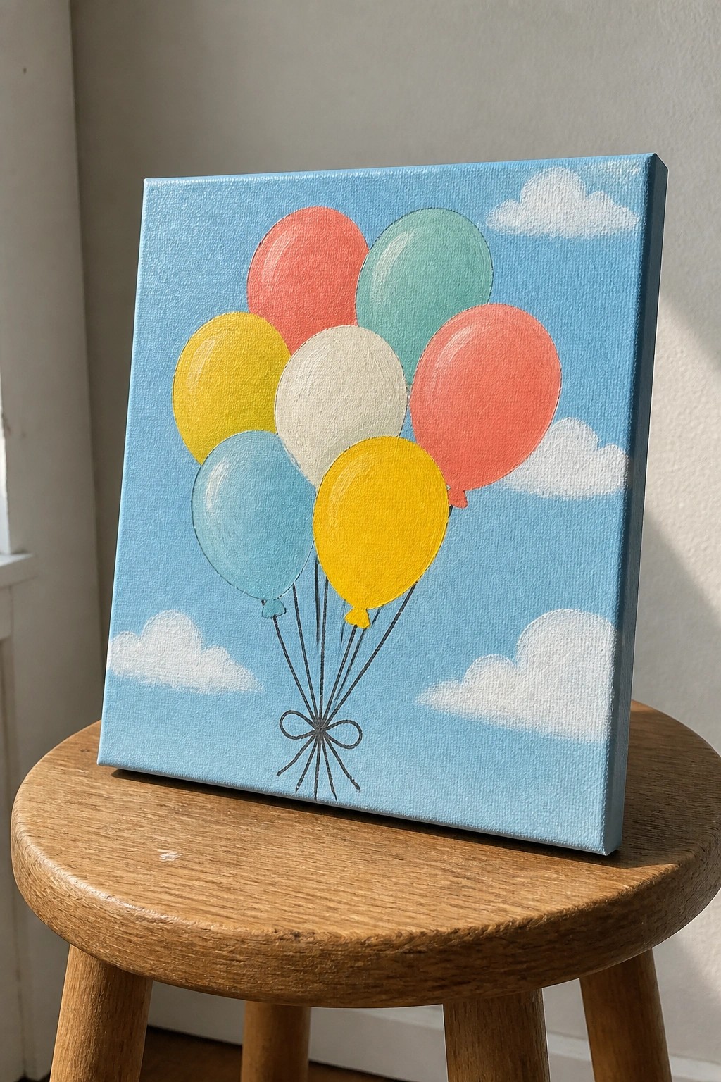 Colorful balloons painting on canvas resting on round wooden stool with clouds.