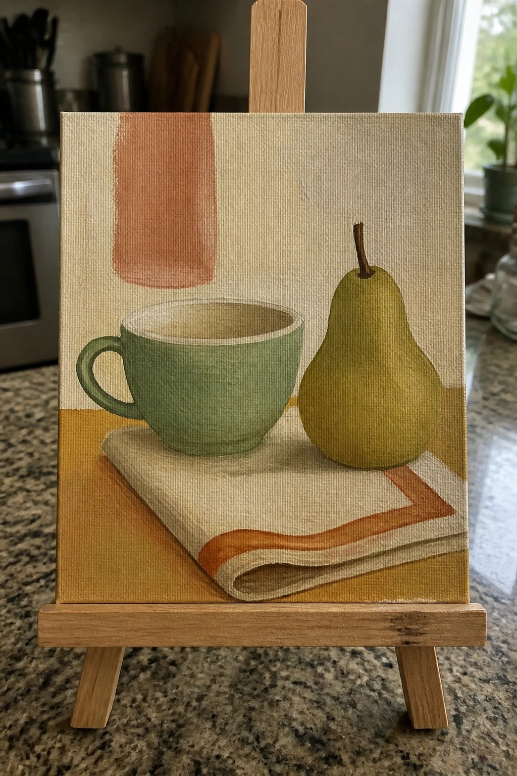 Still life painting of green cup and yellow pear on patterned cloth with orange accents