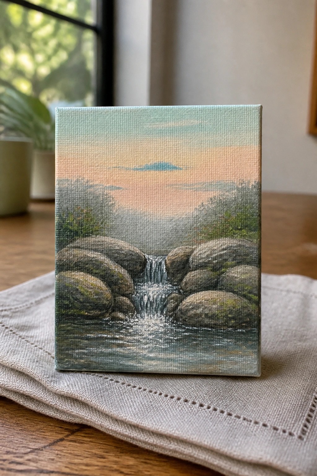 Small canvas painting of rocky waterfall under peach sunset sky on beige cloth