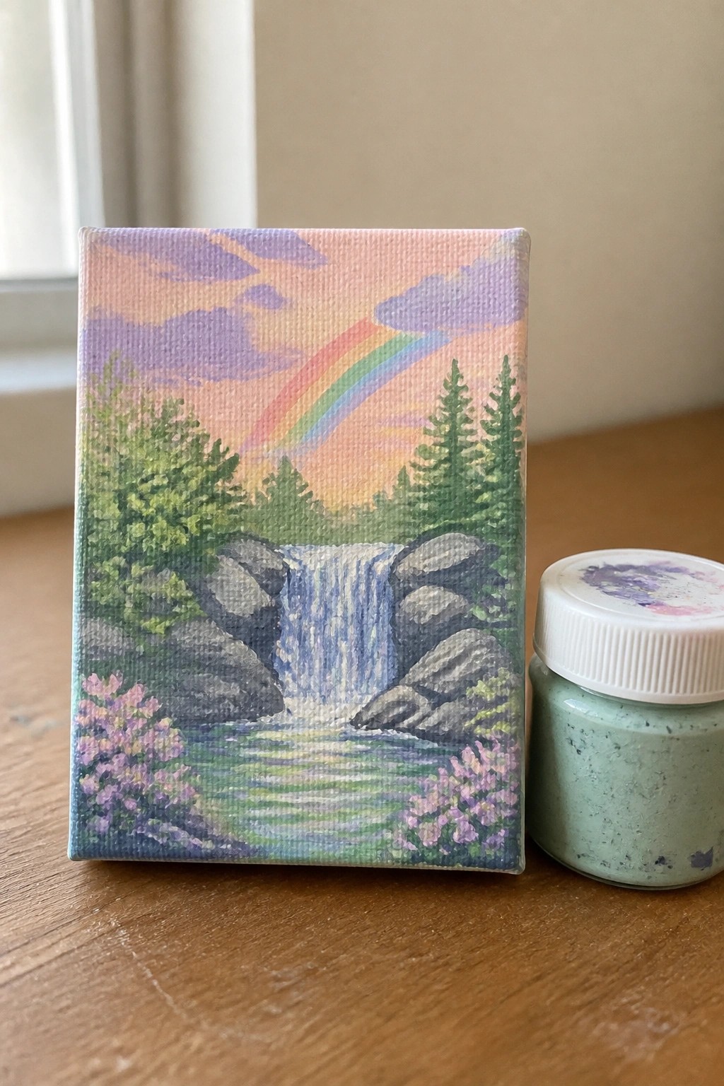 Miniature painting of waterfall and rainbow beside jar of green paint on wood.