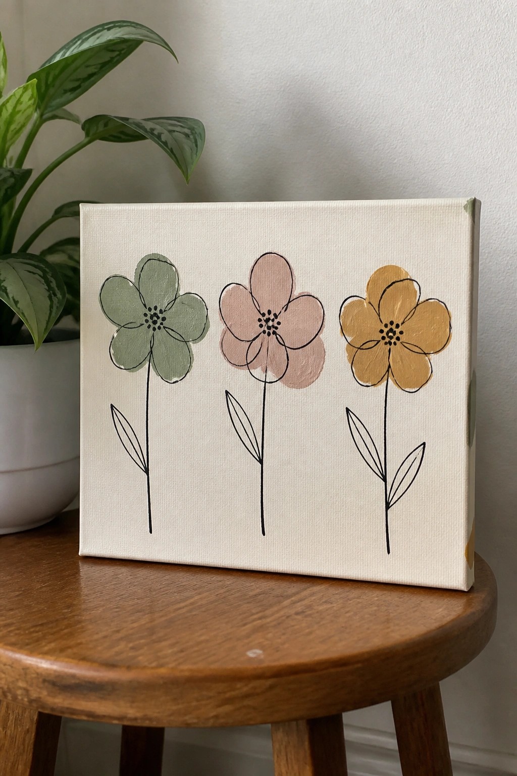 Three flowers in green, pink, and yellow painted on canvas atop wooden stool