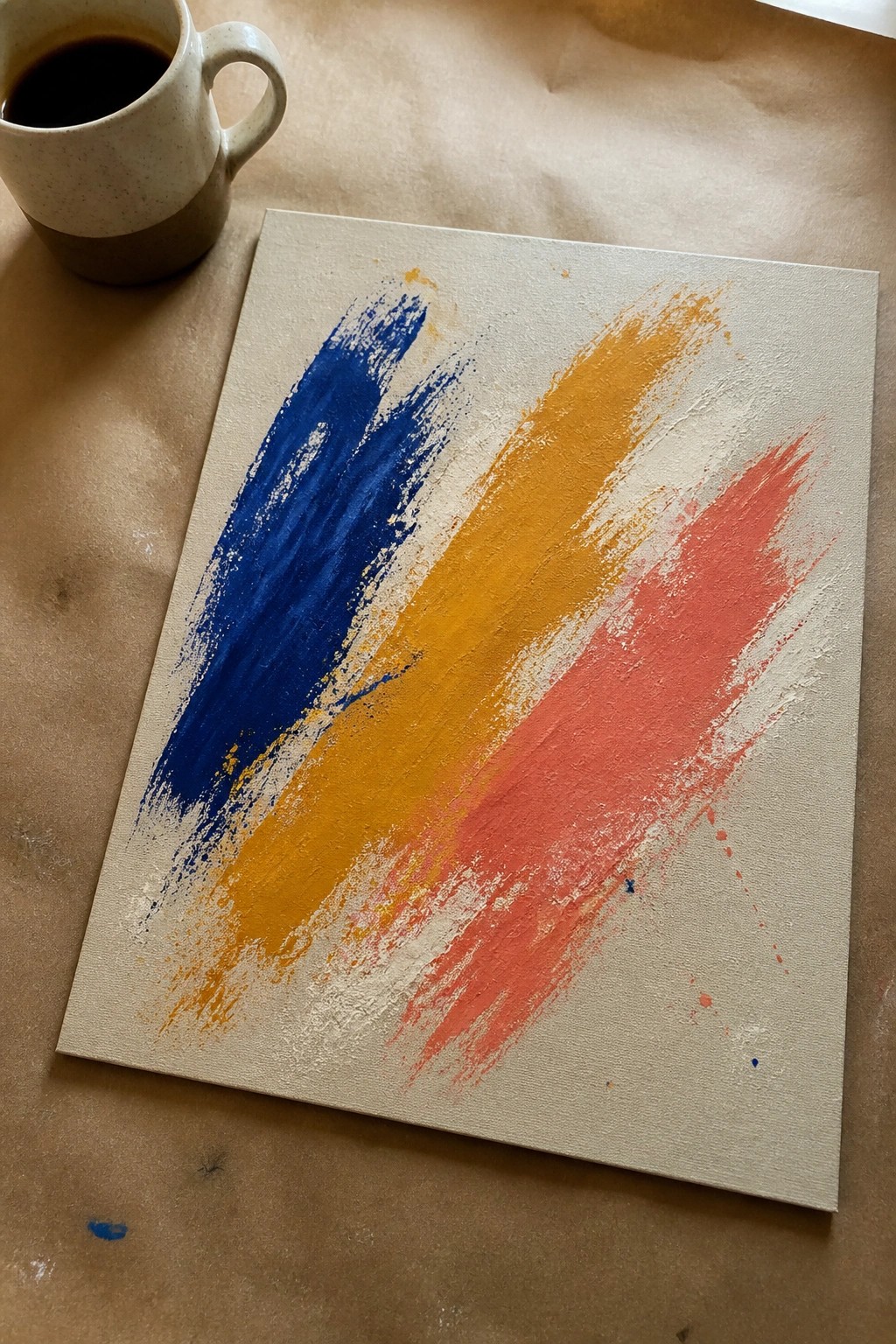 Abstract canvas with bold blue, yellow, and red brushstrokes beside coffee mug